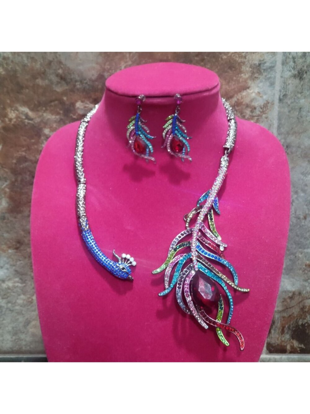 Peacock Rhinestone Statement Necklace Earrings Set Gunmetal Multicolor Feather J
